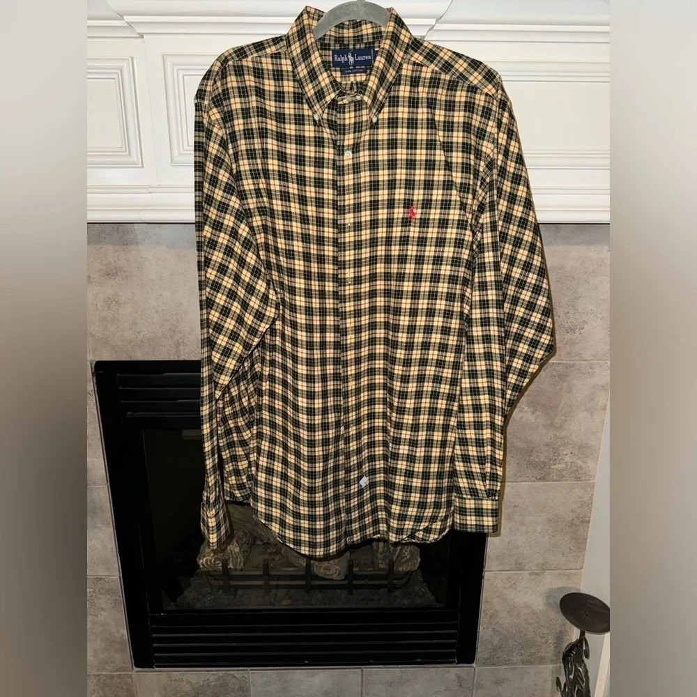 Ralph Lauren Classic Fit long slv button down Ylw Black & Red Plaid shirt Sz XL